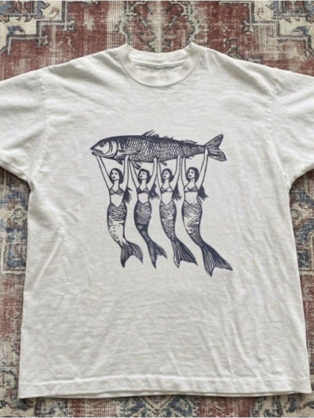 Mermaid Holding Up A Fish Graphic White T Shirt